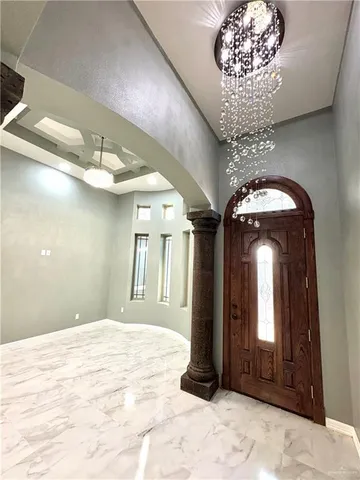 a view of a chandelier in a room