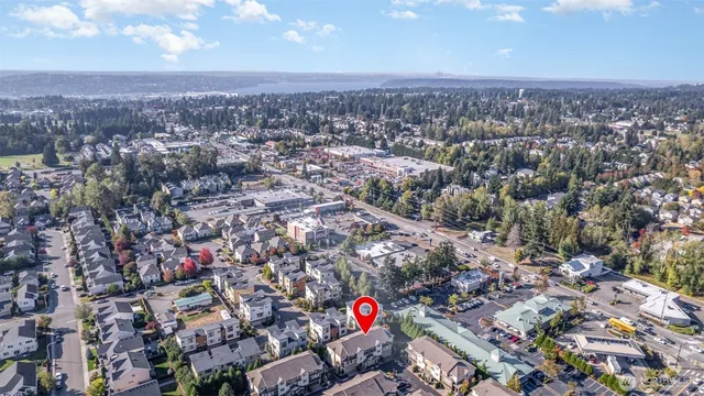 an aerial view of a house with a yard and a lot of flower plants
