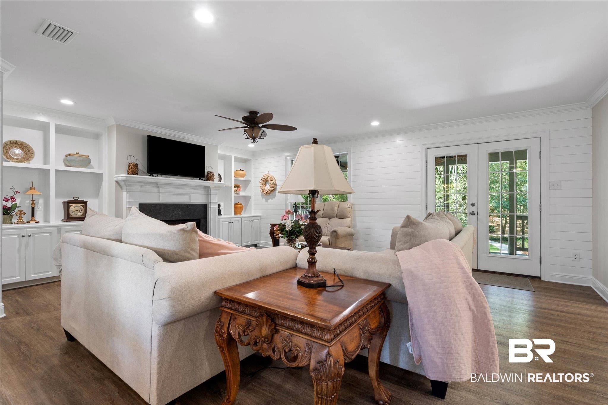 3715 Latigo Road Mobile, AL 36695 - Photo 5 of 39 Living area with ornamental molding, ceiling fan, a fireplace, dark wood finished floors, and recessed lighting