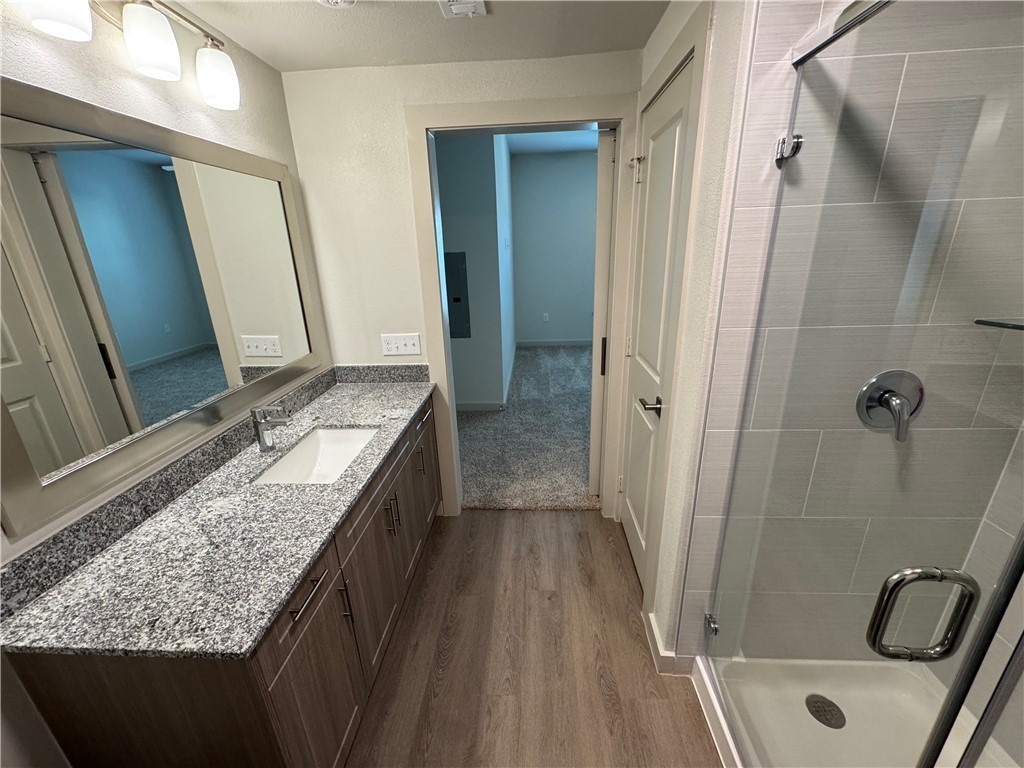 6000 Jones Road, Unit 4207 Bryan, TX 77807 - Photo 17 of 20 a bathroom with a granite countertop sink and shower