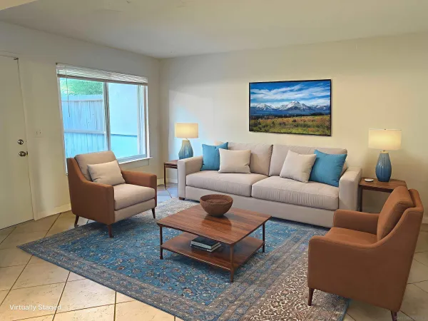a living room with furniture a rug and a window