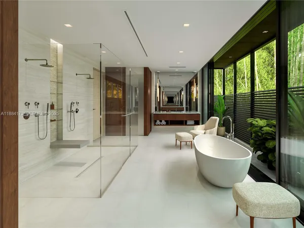 a spacious bathroom with a large tub shower and sink