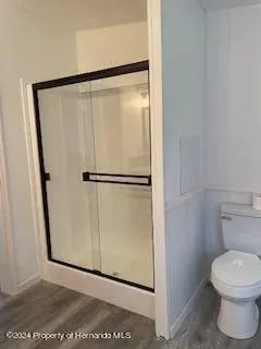 a bathroom with a shower and a toilet