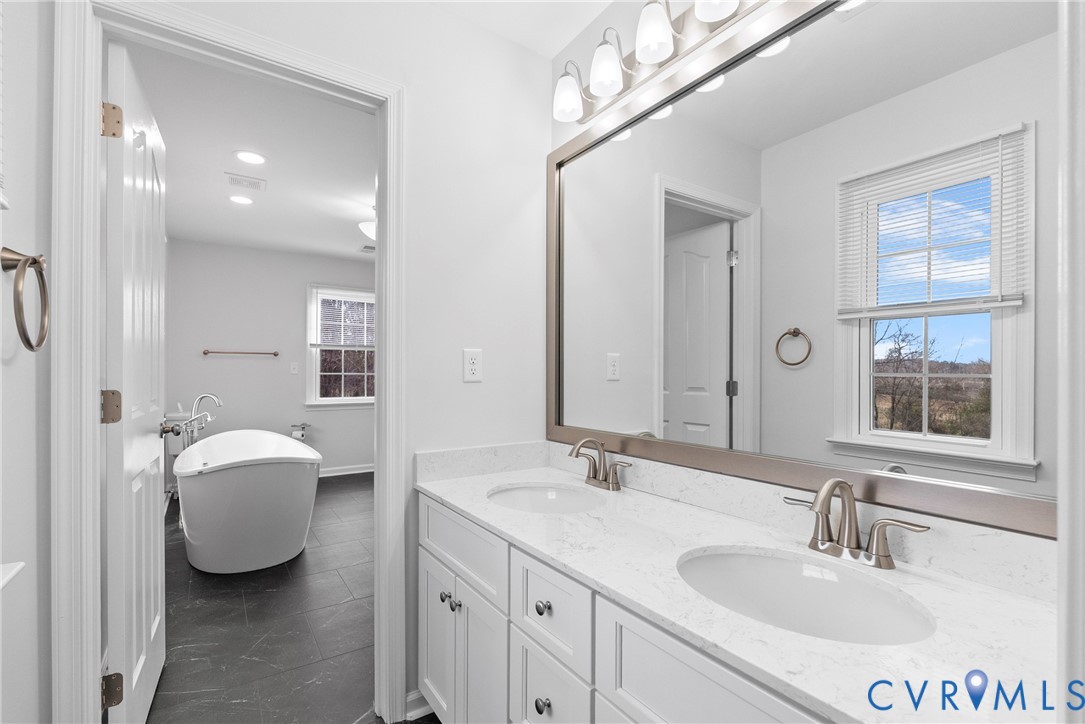 842 Hardtimes Road Farmville, VA 23901 - Photo 31 of 50 Bathroom with double vanity, a soaking tub, and re