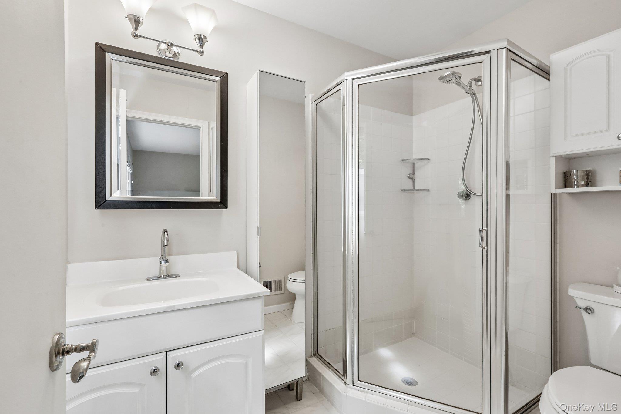 62 Mohegan Road Larchmont, NY 10538 - Photo 41 of 46 a bathroom with a shower a mirror and a sink