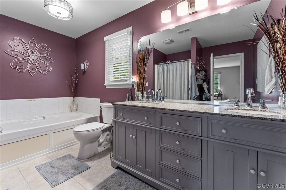 14419 Gatewood Road Dewitt, VA 23840 - Photo 21 of 36 a bathroom with a granite countertop toilet a sink a mirror and bathtub