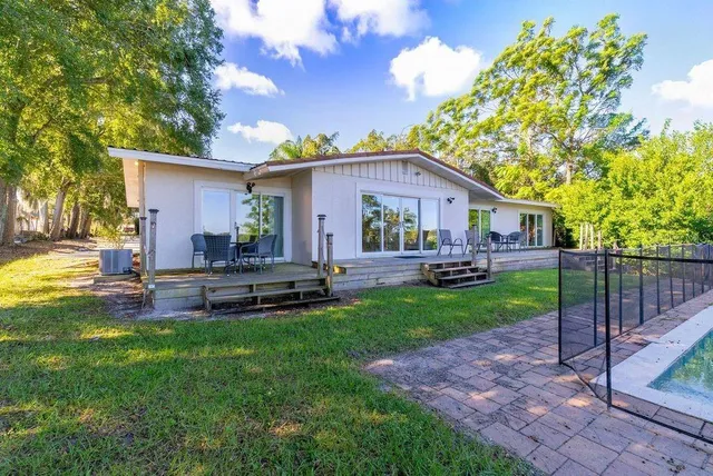 a garden view with a seating space