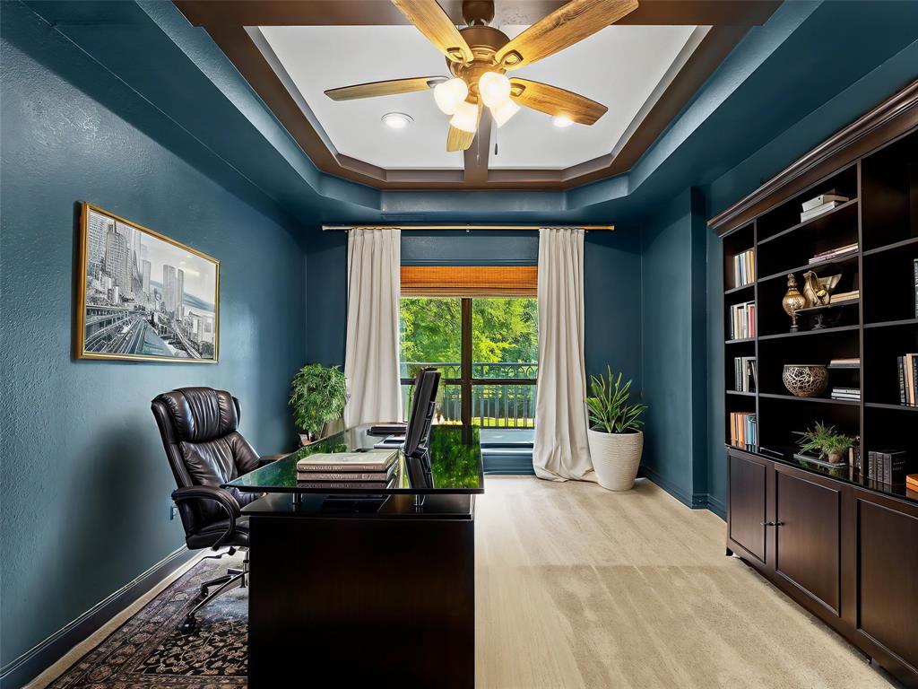 153 Meadowcreek Road Coppell, TX 75019 - Photo 18 of 35 Office area featuring ceiling fan, a raised ceiling, and recessed lighting