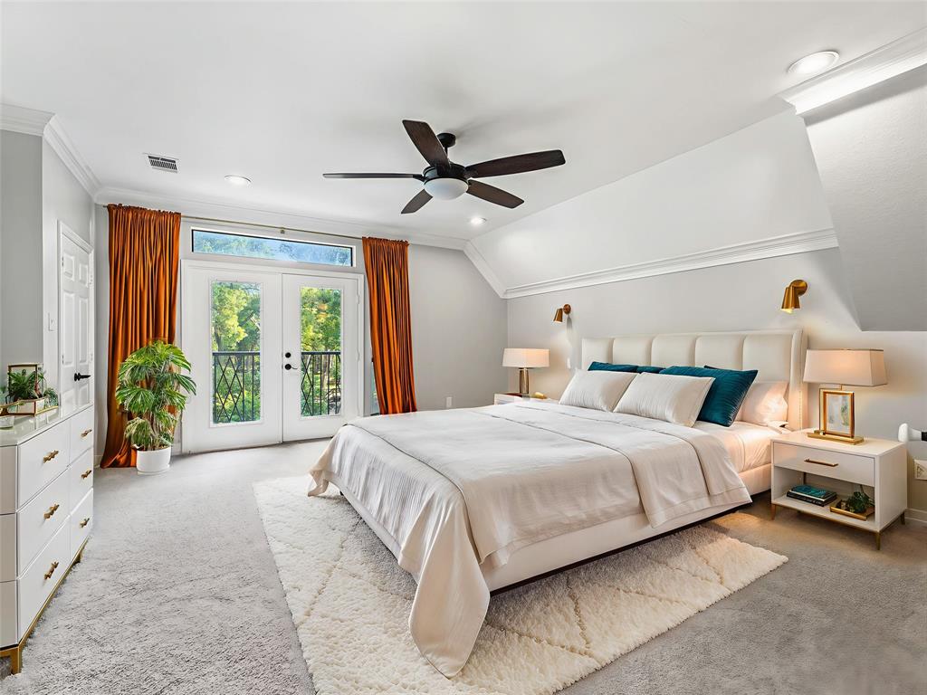 153 Meadowcreek Road Coppell, TX 75019 - Photo 22 of 35 Bedroom with french doors, carpet floors, access to outside, ornamental molding, and a ceiling fan