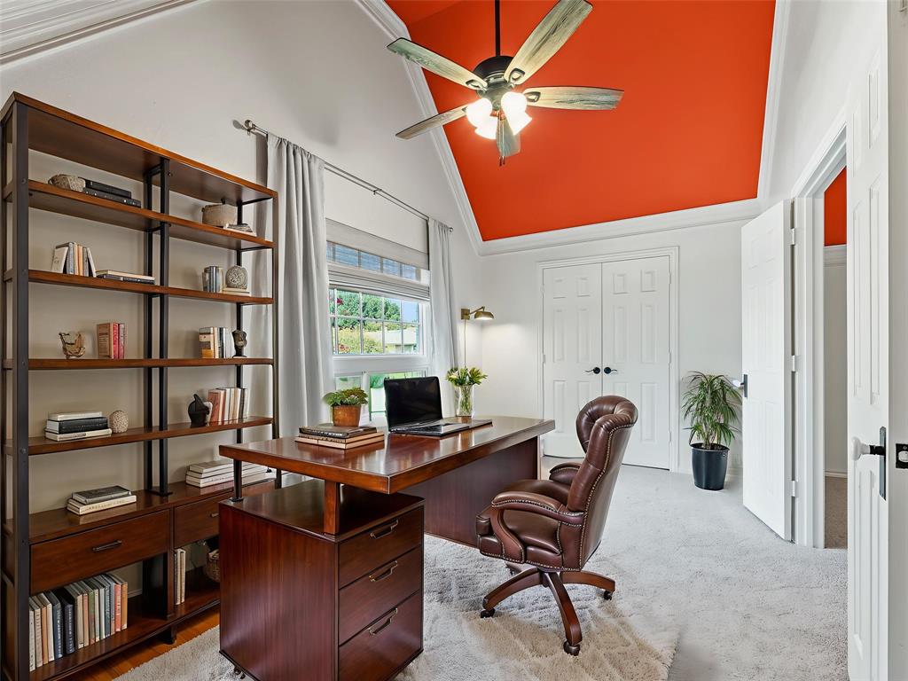 153 Meadowcreek Road Coppell, TX 75019 - Photo 31 of 35 Office space featuring a ceiling fan, vaulted ceiling, and light carpet
