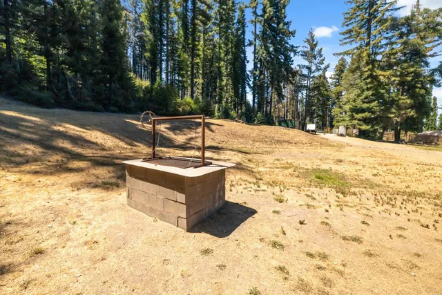 a view of a water fountain in the backyard of a house