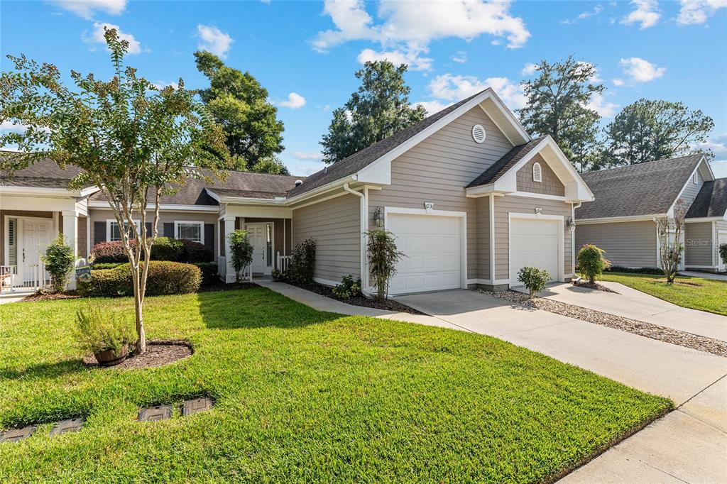 a view of a yard in front of a house with plants and large tree