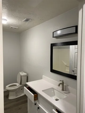 a bathroom with a sink vanity and toilet