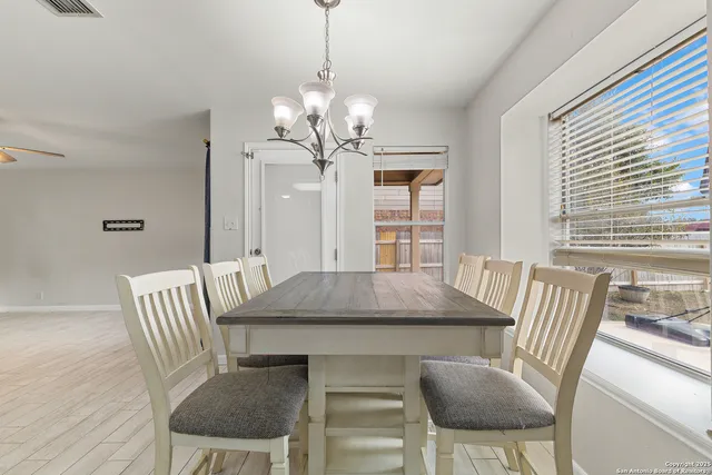 a view of a dining room with furniture window and outside view