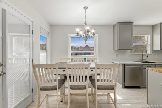 a view of a dining room with furniture window and outside view