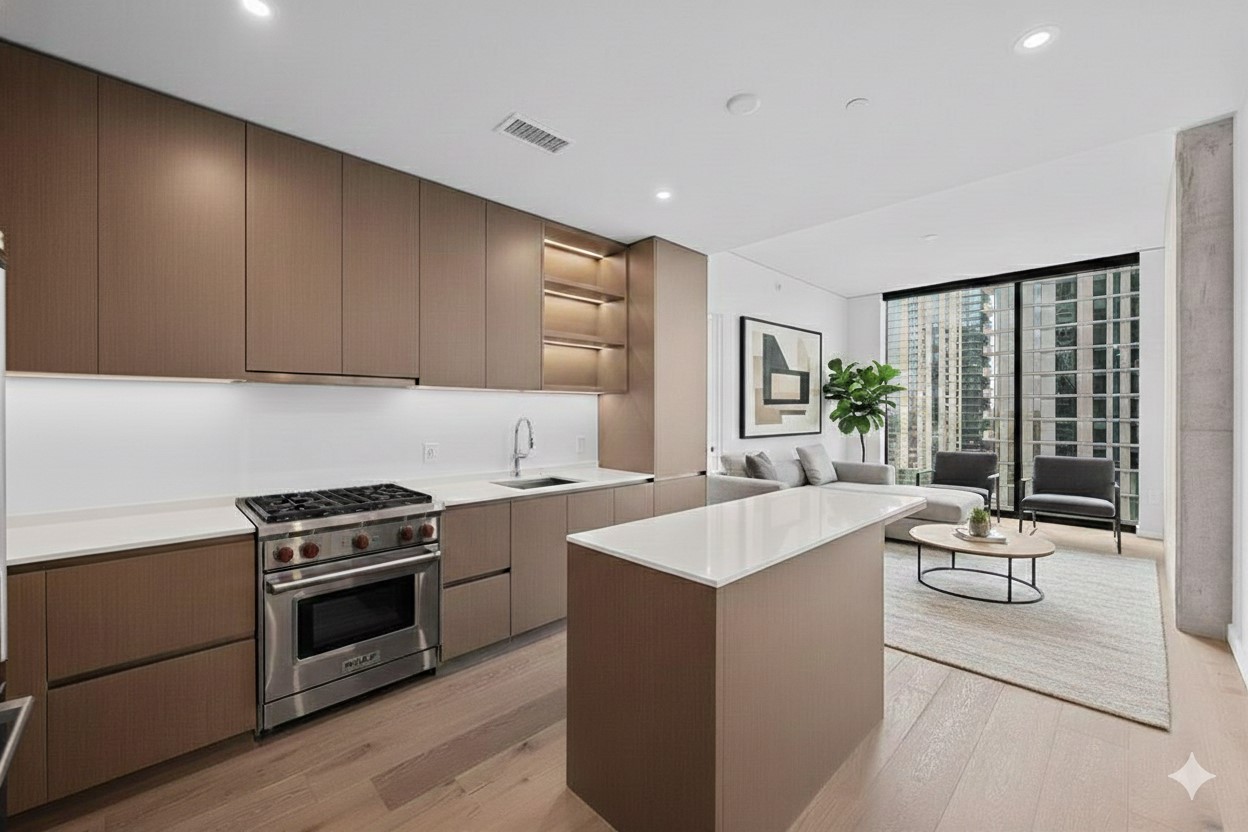 a kitchen with a sink stove and cabinets