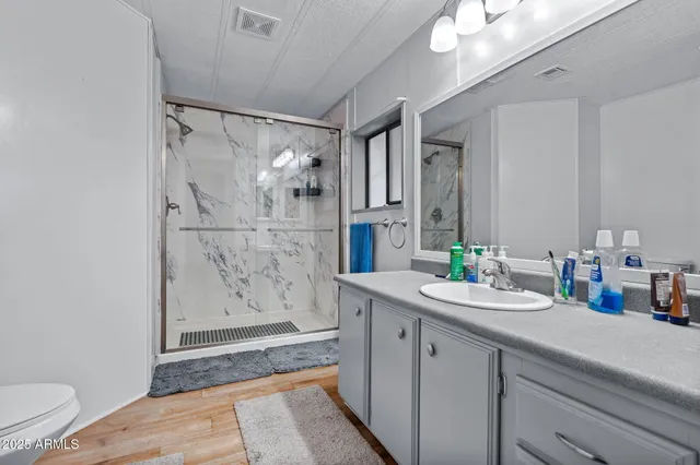 a bathroom with a sink a toilet and shower