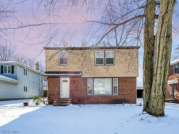 Brown brick, tan vinyl siding, newly planted landscape bed, new front entry door and front storm door.