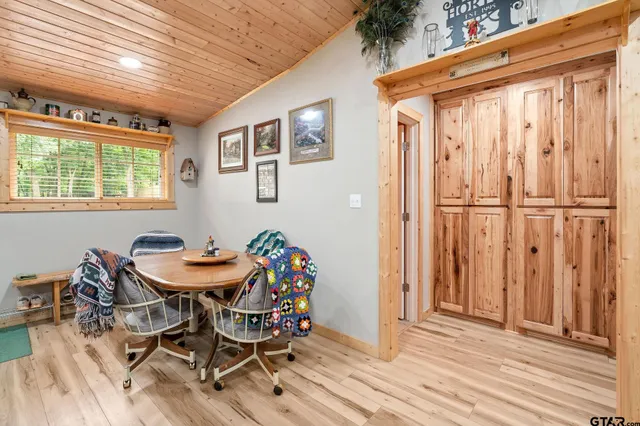 a view of a dining room with furniture