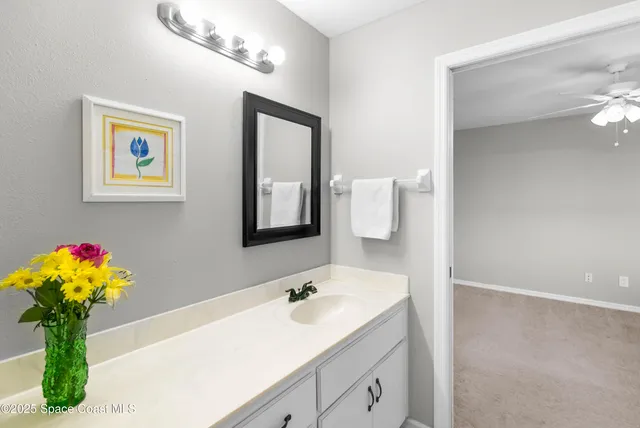 a bathroom with a sink a large mirror and vanity