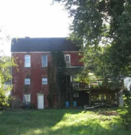 a backyard of a house with a large tree