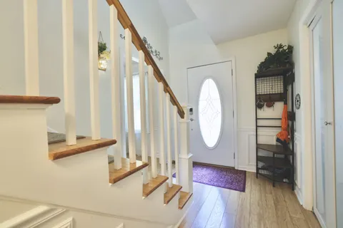a view of staircase with wooden floor and a potted plant