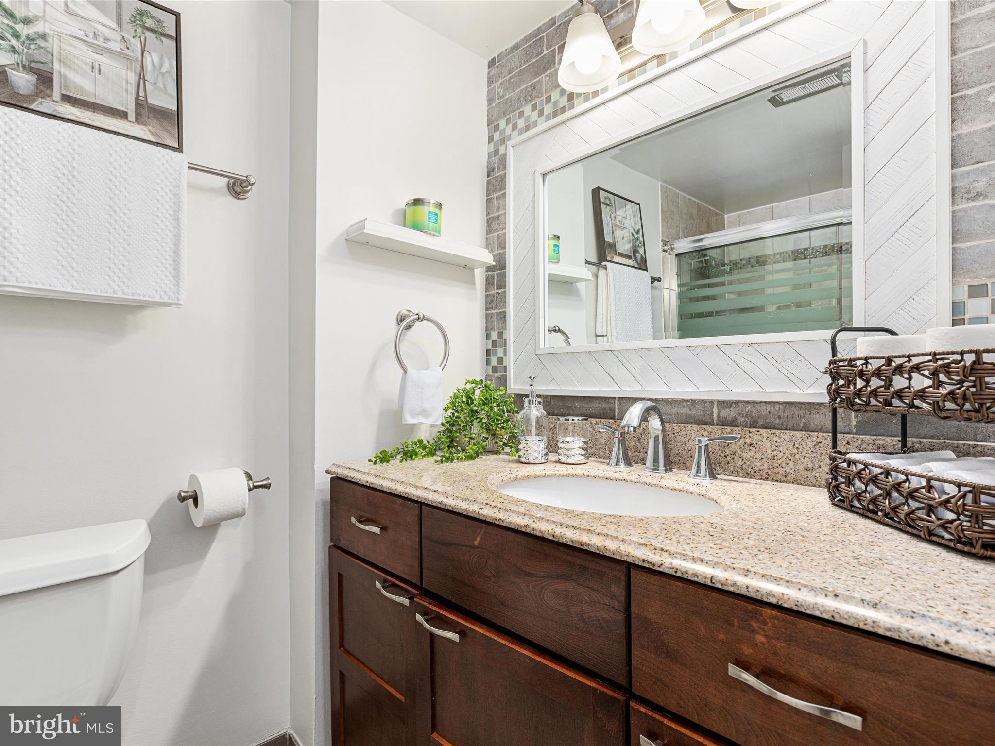 2303 Greenery Lane, Unit 2034 Silver Spring, MD 20906 - Photo 18 of 30 a bathroom with a granite countertop sink a toilet and mirror