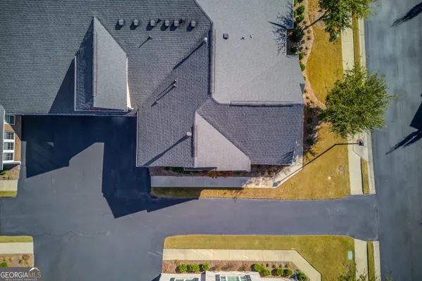 an aerial view of a swimming pool