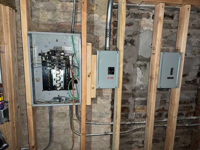 a bathroom with a shower and a mirror
