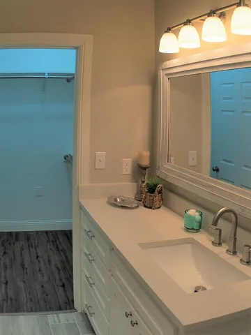 a bathroom with a sink and a mirror