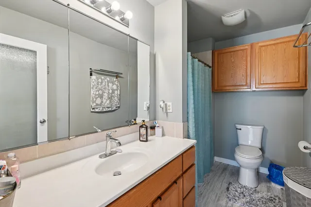 a bathroom with a sink a toilet and mirror