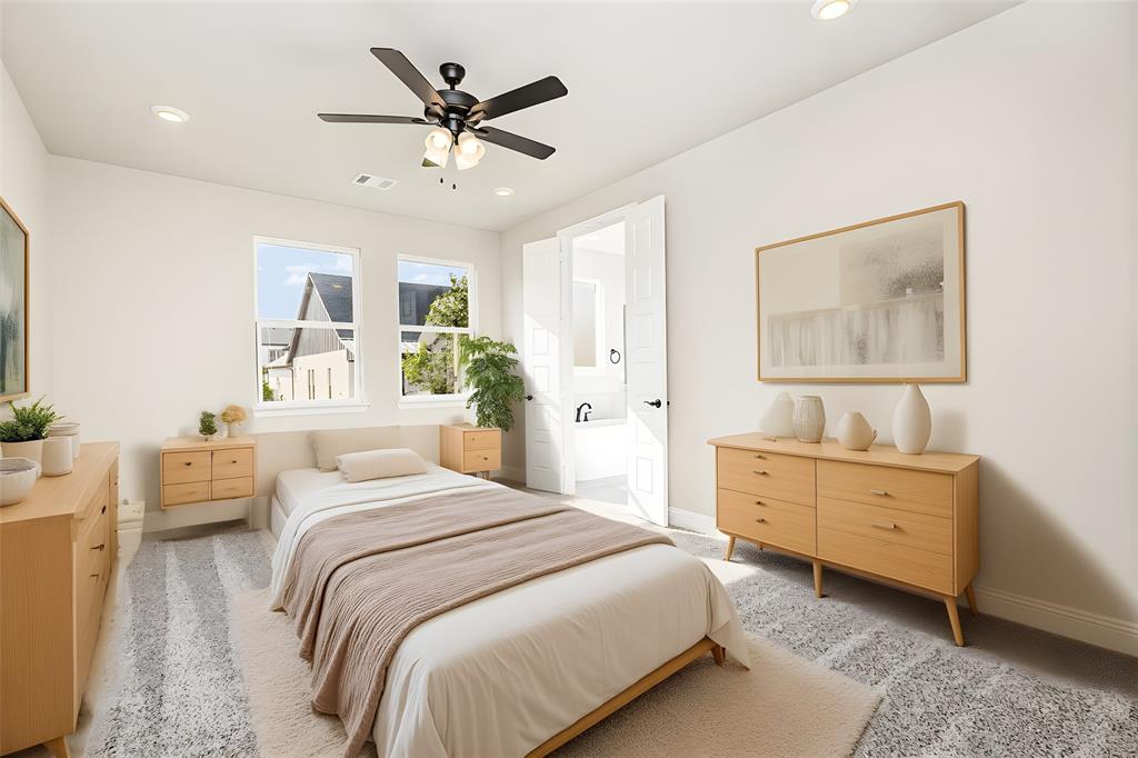 7221 Bayhill Drive Rowlett, TX 75088 - Photo 9 of 18 Bedroom with light carpet, ceiling fan, and recessed lighting