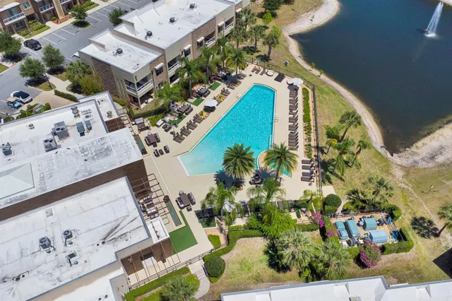 a view of a lake with a building in the background