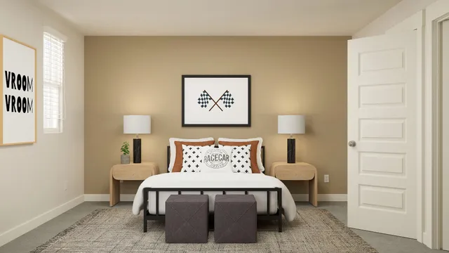 a bedroom with a bed and a night stand