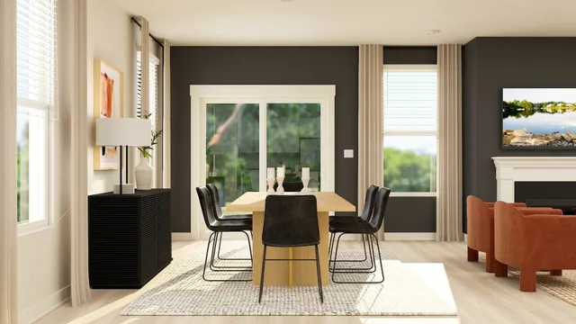 a dining room with furniture and a floor to ceiling window