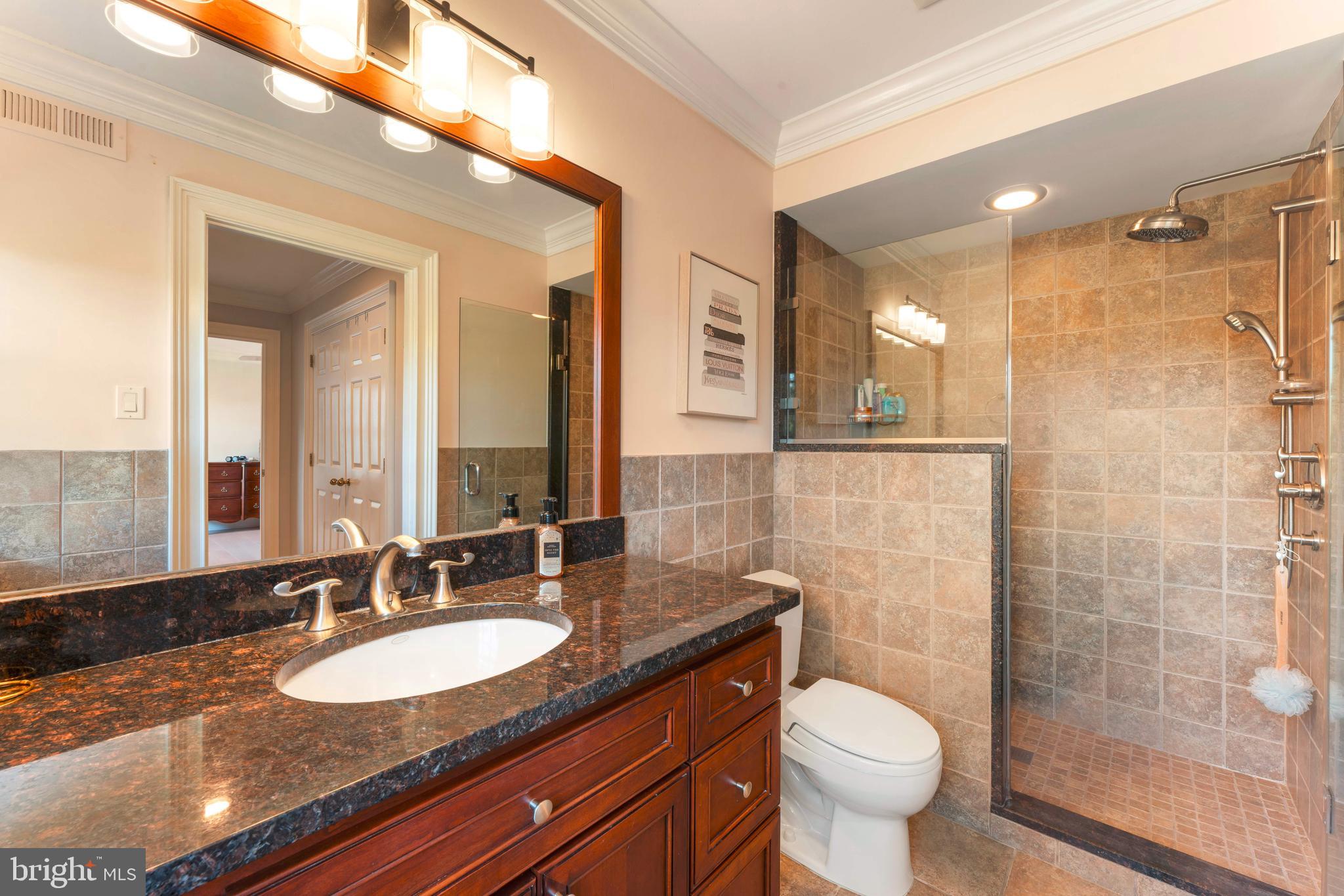 910 Old Dolington Road Newtown, PA 18940 - Photo 37 of 84 a bathroom with a granite countertop sink a toilet a mirror and shower