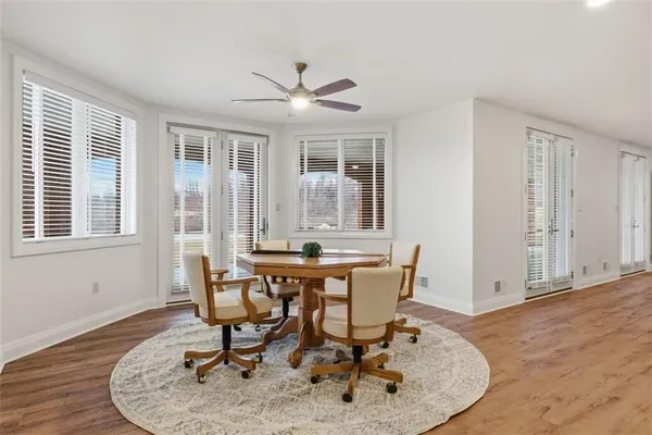 a view of a terrace with a lake view