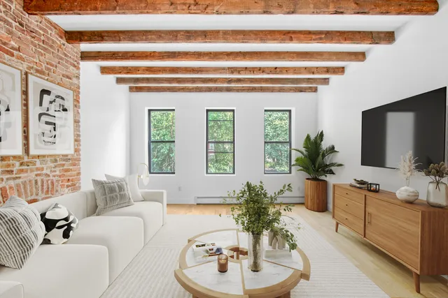 a living room with furniture and a potted plant