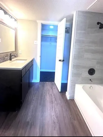 a bathroom with a tub sink and mirror