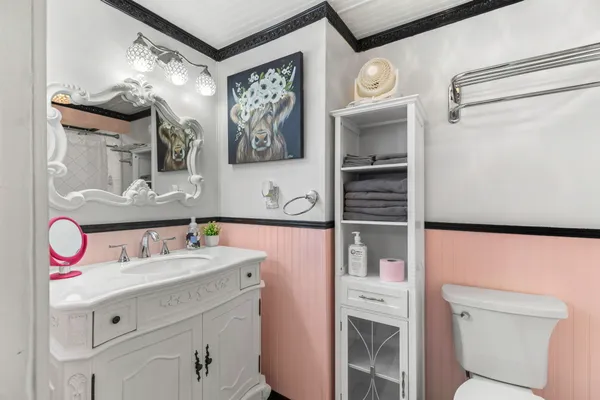 a bathroom with a sink toilet vanity and mirror