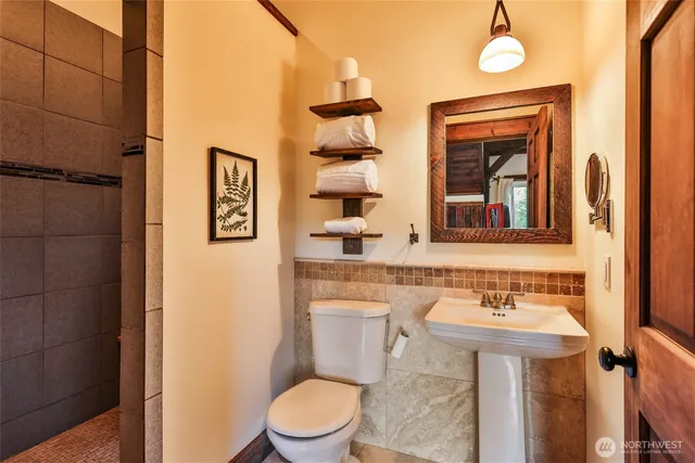 a bathroom with a toilet a sink and mirror