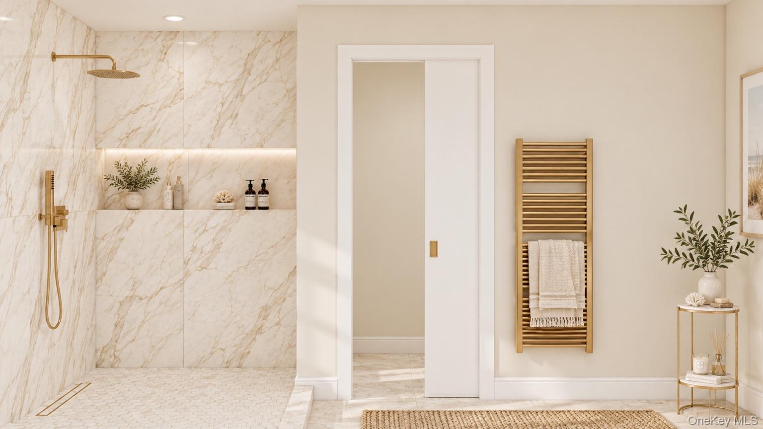 17 Club Lane Remsenburg, NY 11960 - Photo 12 of 27 Walk-in shower with gold-finish fixtures and recessed niche lighting