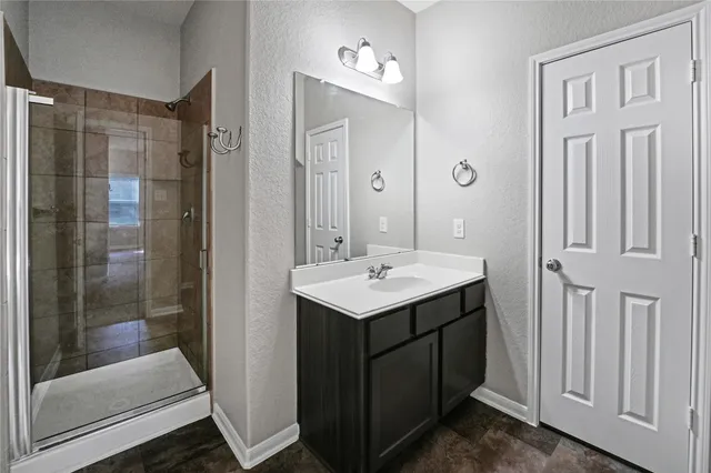 a bathroom with a shower sink and mirror
