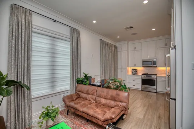 a living room with furniture and a potted plant