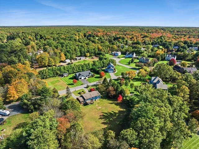 an aerial view of residential houses with outdoor space and trees