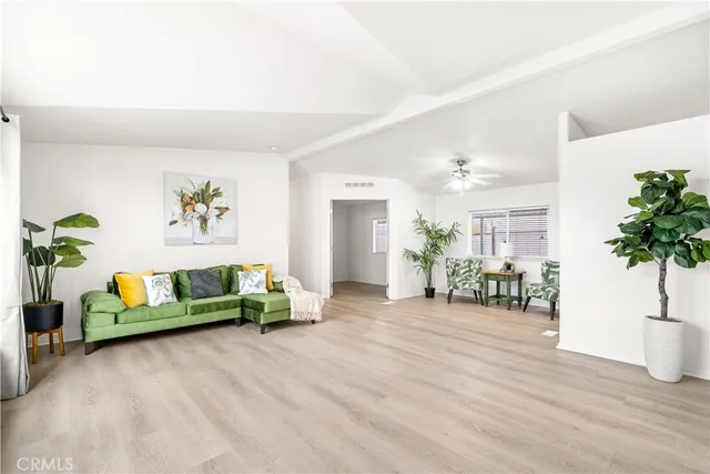 a living room with furniture and a potted plant