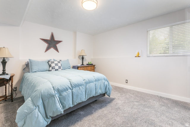 10183 Hickory Point Drive Sandy, UT 84092 - Photo 27 of 36 Bedroom featuring neutral wall colors, wall-to-wall carpeting, a multi-pane window with blinds, and a ceiling-mounted light fixture