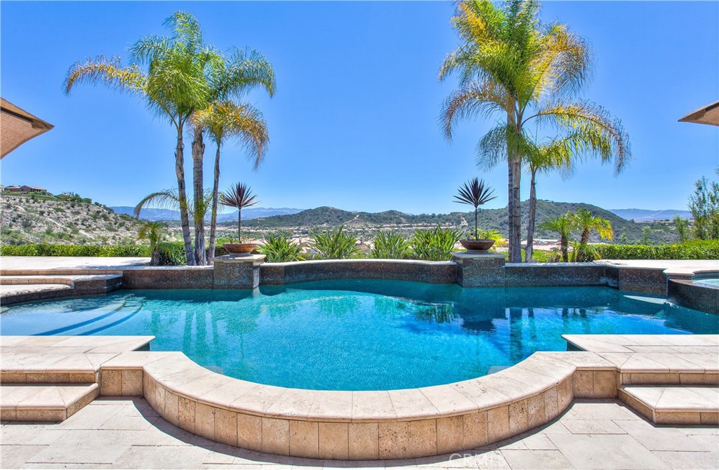 a view of a swimming pool with a lounge chair and palm trees