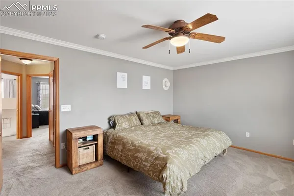 a bedroom with a bed and a ceiling fan