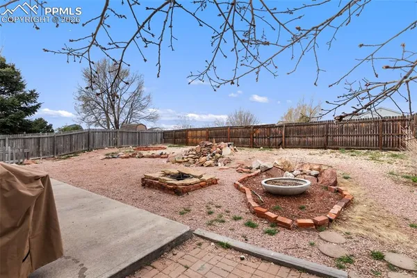 a view of a backyard with a large tree